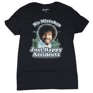 Bob Ross T-Shirt No Mistakes Just Happy Accidents 100% Cotton Crew Neck Black L